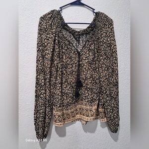 Lucky Brand Brown and Tan Tie Front Long Sleeve Blouse